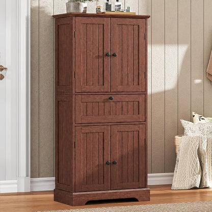 ChooChoo 51" H Tall Bathroom Floor Cabinet, Modern Bathroom Storage Cabinet with Drawer and Adjustable Shelves, Freestanding Kitchen Pantry Cupboard with 4 Doors for Living Room, Walnut
