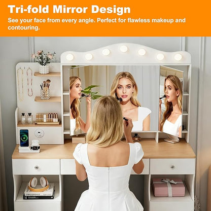 43" Large Vanity Desk with Mirror and Lights, Tri-Fold Mirror Makeup Vanity Table with LED Bulbs, Hidden Storage Drawers & USB Ports, Natural Wood and White Design, Modern Farmhouse Vanity for Bedroom