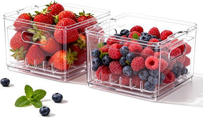Transparent PET Fruit Draining and Washing colander food storage boxes plastic cookie containers refrigerator organizers (2, Square)