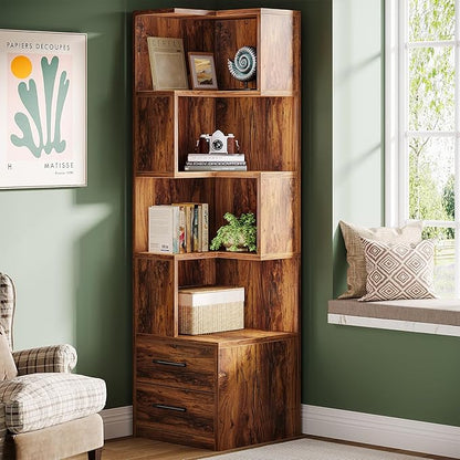 Tribesigns 5-Tier Corner Bookshelf with 2 Drawers, 66.9-Inch Tall Corner Bookcase Shelf, Mid-Century Modern Corner Storage Cabinet Display Rack Shelf for Living Room, Home Office (Rustic Brown)