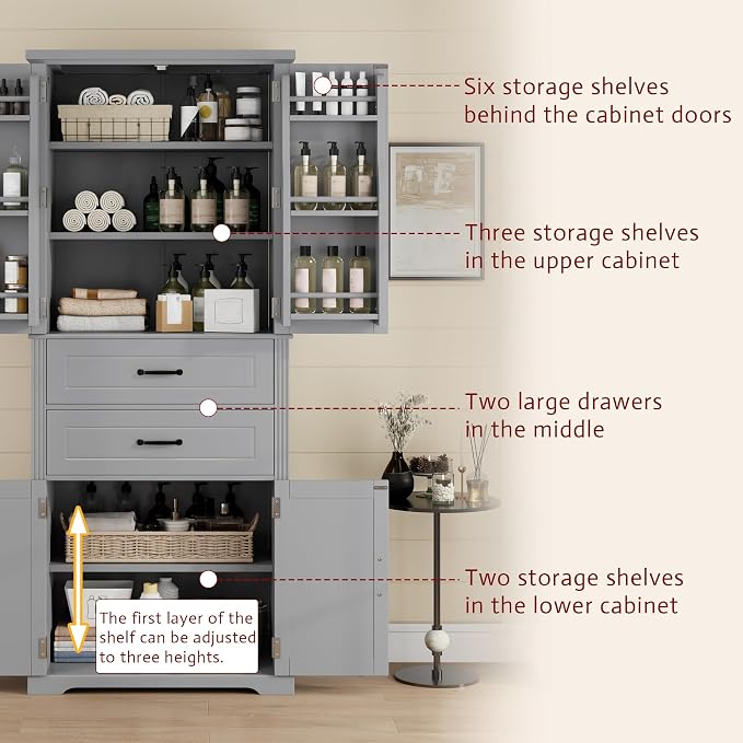 Storage Cabinet,Tall Freestanding Cabinet with Adjustable Shelf | Tall storage cabinet, 4-door design, 5+ shelves, upper door shelves, and 2 pull-out compartments for organized storage