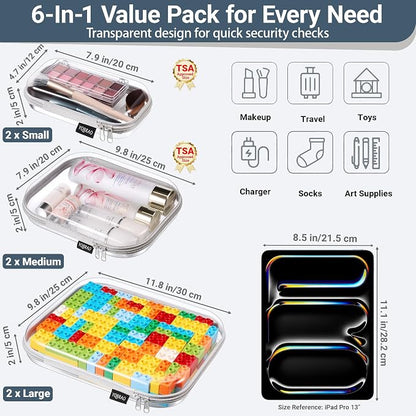 YQBRAO 6 Pack Sleek Gray Clear Hard Shell Zipper Case, 1.2mm Heavy Duty Tech & Cord Organizer Pouches, Crush-Proof Electronic Storage for Travel, Tools & Diaper Bag (2L+2M+2S)