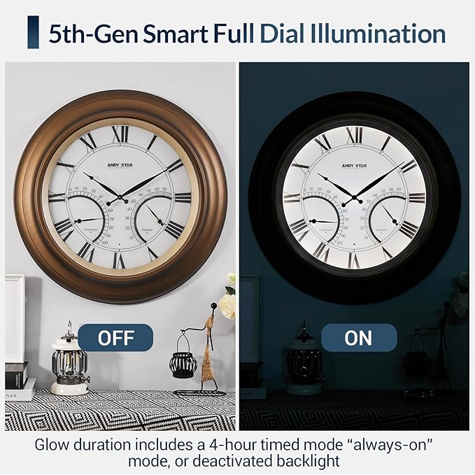 ANDY STAR 24 Inch Outdoor Clocks Waterproof,Large Outdoor Wall Clocks for Patio with Thermometer Combo, Silent Weatherproof Illuminated Metal Clock Battery Operated with Thermometer&Hygrometer, Bronze