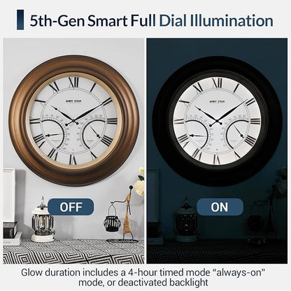 ANDY STAR 24 Inch Outdoor Clocks Waterproof,Large Outdoor Wall Clocks for Patio with Thermometer Combo, Silent Weatherproof Illuminated Metal Clock Battery Operated with Thermometer&Hygrometer, Bronze