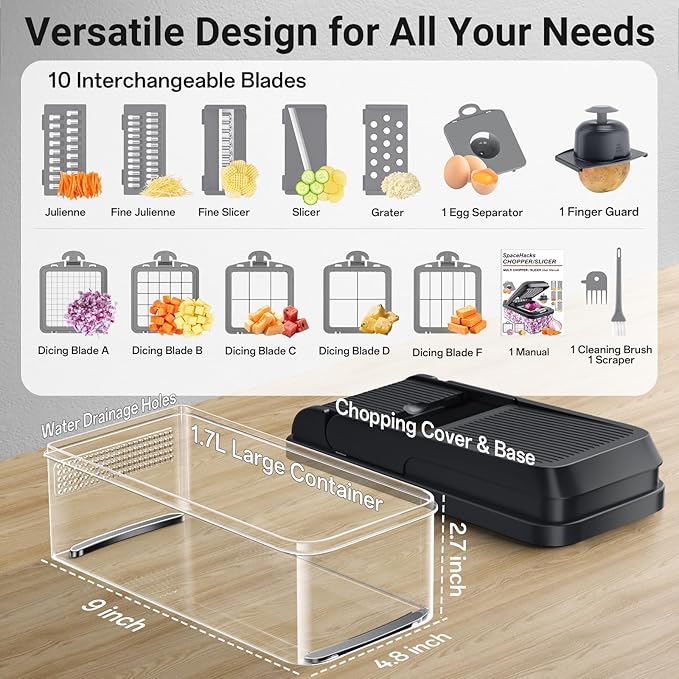 SpaceHacks 15-in-1 Vegetable Chopper, Kitchen Gadgets with 10 Blades, Veggie, Food, Onion Chopper, Cucumber Slicer, Versatile Mandoline, Includes Egg Separator & Finger Guard, Gray