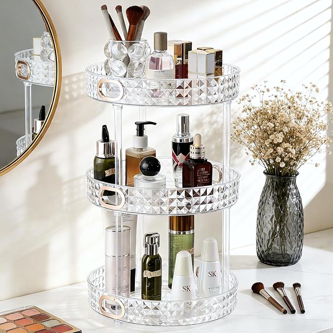 360 Rotating Makeup Organizer for Vanity, 3 Tier Diamond Pattern Perfume Organizer for Women, Large Capacity Skincare Lotion Cosmetic Organizer, Bathroom Countertop Makeup Holder, Clear