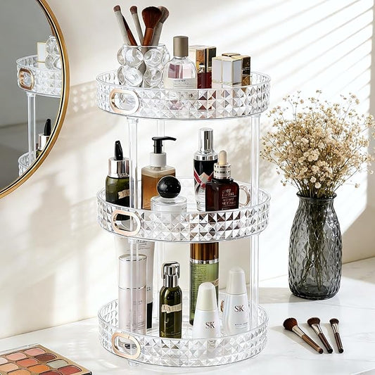 360 Rotating Makeup Organizer for Vanity, 3 Tier Diamond Pattern Perfume Organizer for Women, Large Capacity Skincare Lotion Cosmetic Organizer, Bathroom Countertop Makeup Holder, Clear