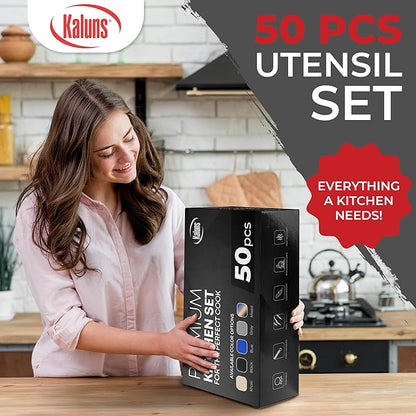 Kaluns 50 PCS Silicone Kitchen Utensils Set Complete Kitchen Set - 800°F Heat Resistant Non-Stick Premium Silicone Cooking Utensils W Wooden Handles - Can Opener, Masher, Turner, Silicone Spatula Set