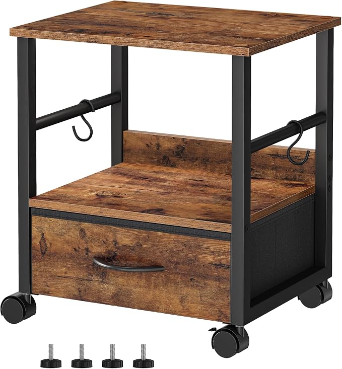 HOOBRO 2-Tier Printer Stand, Under Desk Printer Table with Drawer, Printer Cart with Storage, with Casters/Adjustable Feet, for Home Office, Study, Living Room, Rustic Brown and Black, BF20PS01