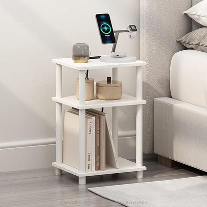Furinno JUST Night Stand, 3-Tier Turn-N-Tube Nightstand with Charging Station, Bedside Table, End Table, Side Table with USB and Type-C Port, for Bedroom, Closet, Dorm, White