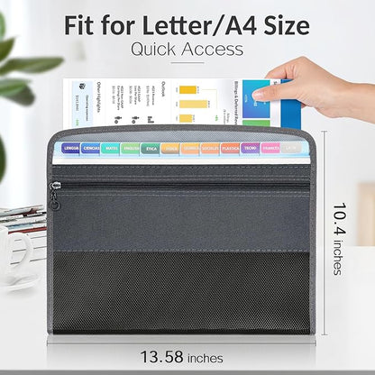 Sooez Accordion File Organizer with Safe Zipper, 12 Pocket Expanding File Folder with Front Pencil Pouch, Portable Monthly Paper Bill Tax Receipt Organizer, School Office Supplies, Letter Size, White