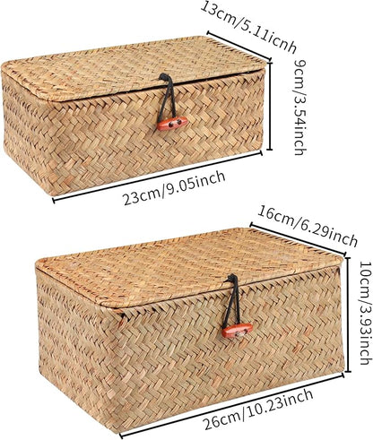Wicker Shelf Baskets with Lid,Handwoven Seagrass Basket for Storage Basket Bins Rectangular Home Organizer Gift Boxes (Natural Set of 2)