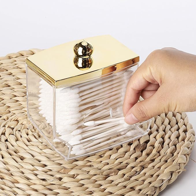 Tbestmax 10oz Qtip Holder Dispenser L Size Bathroom Container with Gold Lid for Bathroom Organizer Accessories Decor Storage-Qtips Cotton Ball Holder