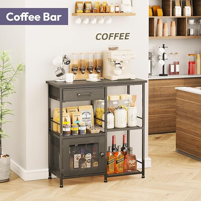 SWTYMIKI Coffee Bar Cabinet for Home - Farmhouse Coffee Stand Station Multi-Purpose Storage Cabinet with Adjustable Feet, Drawers - Kitchen Bar Table for Living Room, Corner, Small Space, Black
