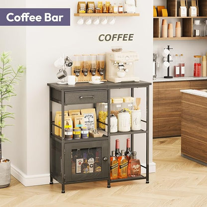 SWTYMIKI Coffee Bar Cabinet for Home - Farmhouse Coffee Stand Station Multi-Purpose Storage Cabinet with Adjustable Feet, Drawers - Kitchen Bar Table for Living Room, Corner, Small Space, Black