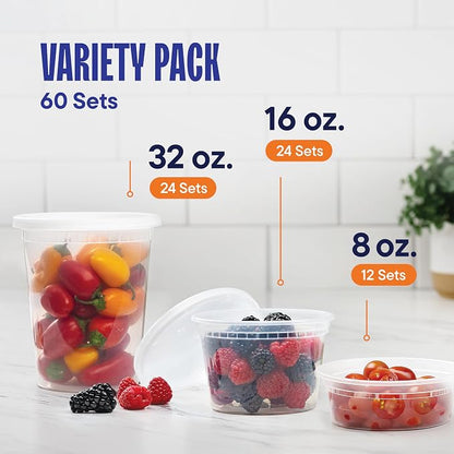 Stack Man [60-Sets] Plastic Deli Food Storage Containers with Airtight Lids Combo Set | 32 oz | 16 oz | 8 oz. | Disposable Plastic Takeout Containers for Soup - Freezer, Microwave and Dishwasher Safe