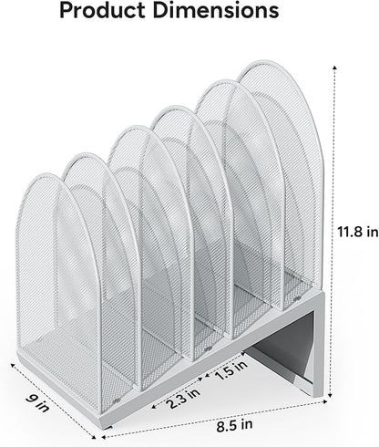 5-Section Desk File Organizer, Metal Mesh Folder Organizer for Documents, Mail & Office Papers (White)