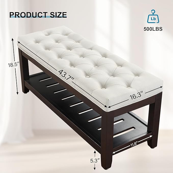 44" Ottoman Bench, Upholstered End of Bed Bench, Oversized Footrest with Wood Shelf torage Storage Bench for Bedroom, Entryway, Living Room, White