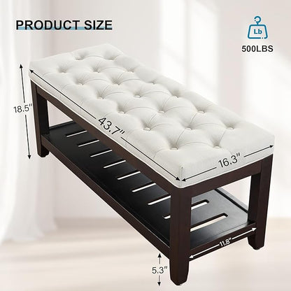 44" Ottoman Bench, Upholstered End of Bed Bench, Oversized Footrest with Wood Shelf torage Storage Bench for Bedroom, Entryway, Living Room, White