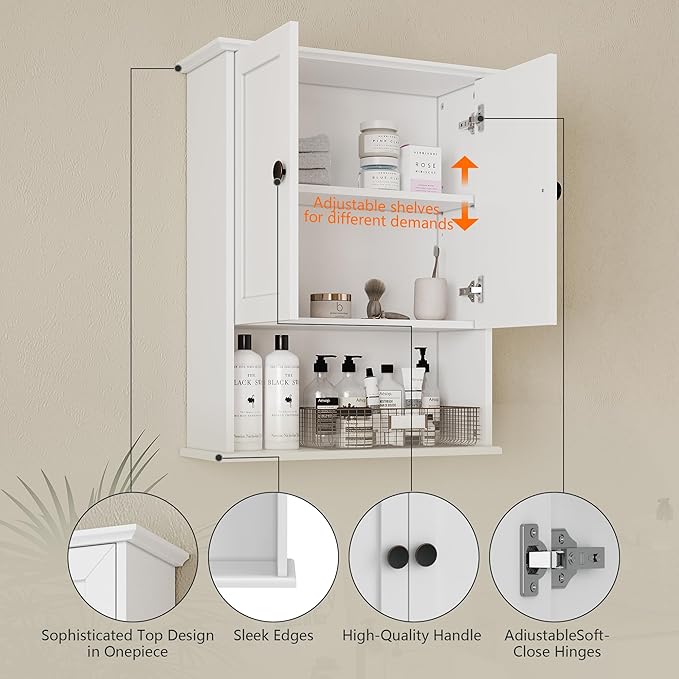 Medicine Cabinet, Above Toilet Storage Cabinet, 24x30 Inch Bathroom Wall Cabinet Over Toilet with 2 Soft-Close Shaker Doors & Adjustable Wood Shelf, Bathroom Cabinet Wall Mount White