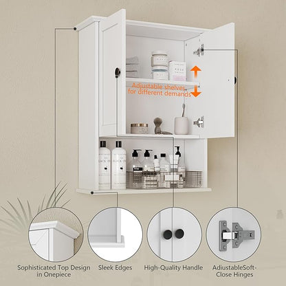 Medicine Cabinet, Above Toilet Storage Cabinet, 24x30 Inch Bathroom Wall Cabinet Over Toilet with 2 Soft-Close Shaker Doors & Adjustable Wood Shelf, Bathroom Cabinet Wall Mount White