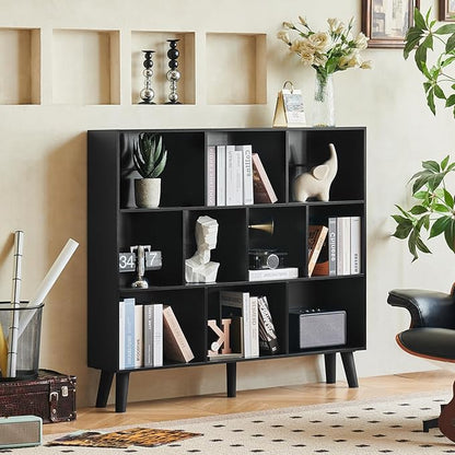 LEYAOYAO 10 Cube Bookshelf,3 Tier Modern Wide Bookcase with Legs,Mid-Century Wood Bookshelves Storage，Black Large Book Case,Freestanding Organizer Display Shelf for Bedroom,Living Room,Office