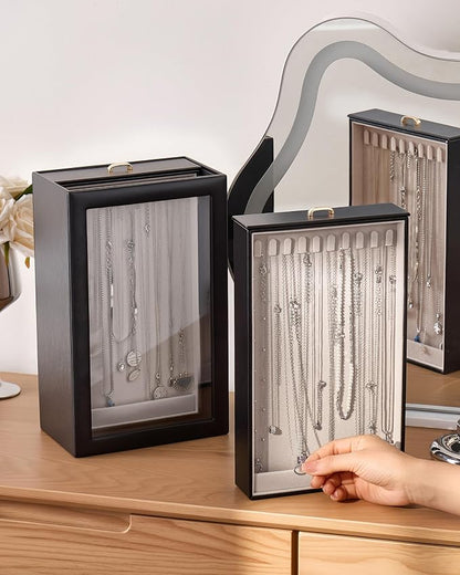 Lolalet Upgraded Double-Sided Hanging Necklace Organizer Box, Jewelry Display Case with Double-Sided Clear Window for Necklaces Bracelets, Tangle-Free Necklace Storage Box, Black, 2-Layer 40 Hooks