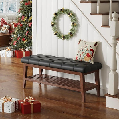 LEILISI Entryway Shoe Bench with Storage, End of Bed Bench, Microfiber Leather Upholstered Button-Tufted Seat Bench with Solid Wood Frame for Living Room, Bedroom (Black, 43.3'')