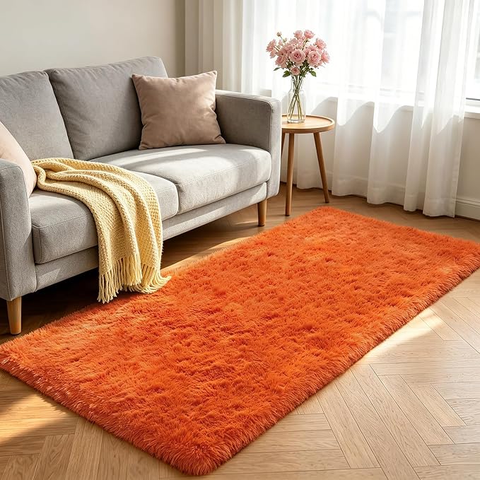 Shag Runner Rug for Bedroom Living Room 2x6 Upgrade Non-Slip Fluffy Soft Bedside Rugs,Orange Shaggy Carpet for Livingroom Dorm Home Decor Aesthetic