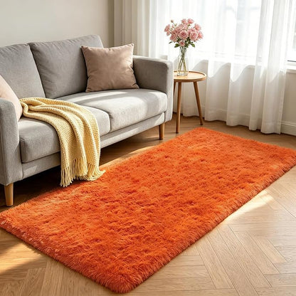 Shag Runner Rug for Bedroom Living Room 2x6 Upgrade Non-Slip Fluffy Soft Bedside Rugs,Orange Shaggy Carpet for Livingroom Dorm Home Decor Aesthetic