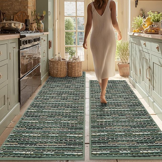 Kitchen Rugs Sets of 2-Non Slip Kitchen Mats for Floor-Thick Stain Resistant Vintage Kitchen Floor Mat Runner Carpet for Hallways Entryway Laundry Room Washable（Green 22"x59"+20"x47"）