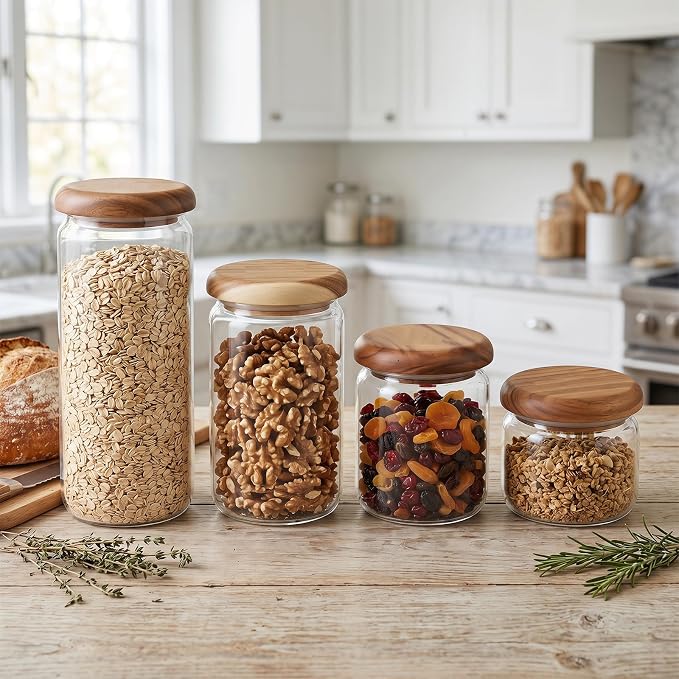 4-Pack Wide Mouth Mason Jars with Measuring Spoons, Acacia Wood Lids & Press Seal Design, No Plastic Parts, Dry Food Storage for Pantry, Spice & Kitchen Organization, 10/13/23/32 fl oz.