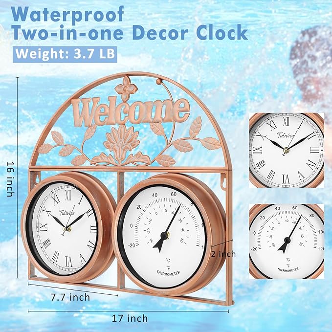 17Inch Large Outdoor Clock,Waterproof Wall Clock with Thermometer,Weatherproof Non-Ticking Quartz Battery Operated Decor Clock for Patio,Garden,Pool,Porch,House Warming Gifts