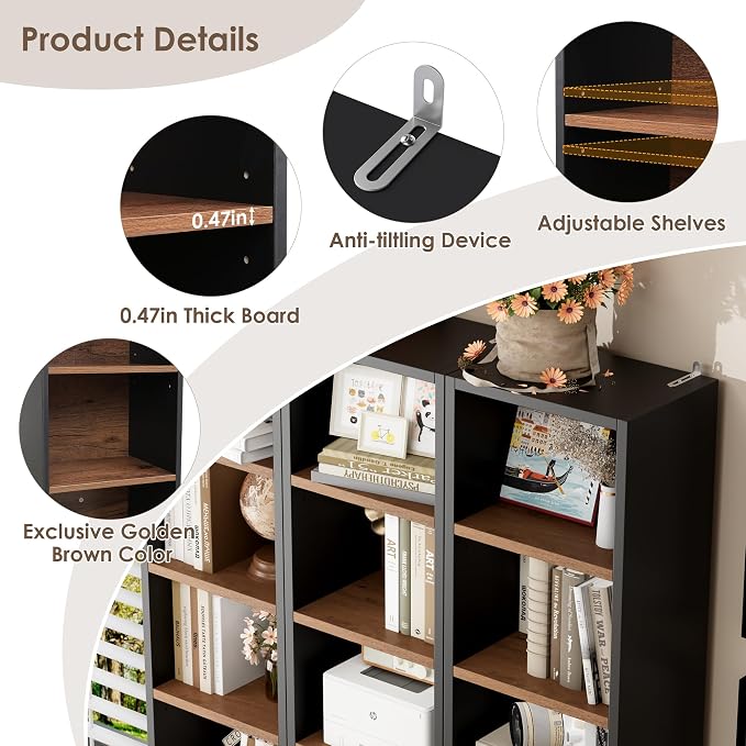FOTOSOK 2 Pcs 71'' Tall Narrow Bookshelf, 8-Tier Media Tower Rack Set of 2, CD DVD Storage Cabinet with Adjustable Shelves, Tall Narrow Bookcase Skinny Display Bookshelf Slim Shelf, Black/Brown