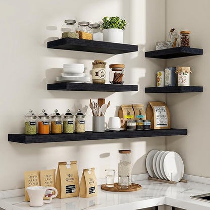 Acovy 32 Inch Floating Shelves, 3D Textured Wood Grain, 32"x9.25"x1.5" Inch Deep Floating Shelves for Wall, Wooden Shelves for Bathroom, Bedroom, Living Room, Black, 2 Pieces