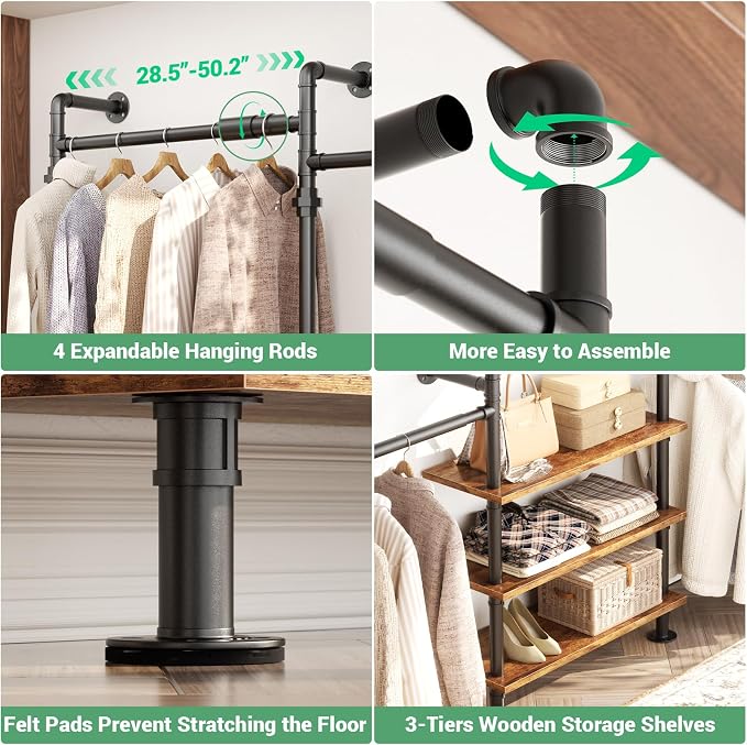 Aheaplus Expandable Industrial Pipe Clothing Rack, 7.3-10.9Ft Wall Mounted Closet System, Reversible L Shaped Clothes Rack for Hanging Clothes, Heavy Duty Walk-in Corner Wardrobe Closet, Rustic Brown