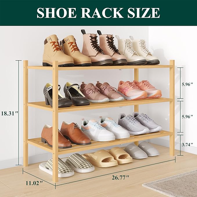 Smiry Bamboo Shoe Rack 3-Tier, Stackable Wooden Shoe Organizer for Entryway & Closet, Free Standing Wood Shoe Storage Shelf for Front Door & Small Spaces, Natural