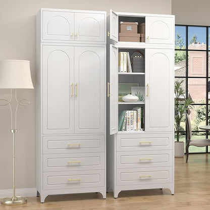 Kitchen Pantry Cabinet，90" Storage Cabinets with Doors and Shelves,Metal Pantry Cabinet with 3 Drawers,White Kitchen Cupboard for Livingroom,Pantry, Bathroom
