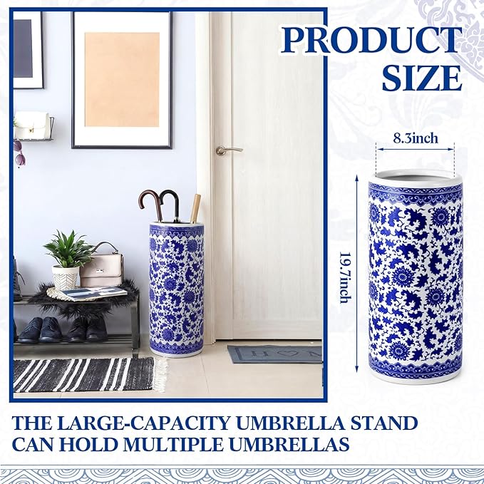 Sawysine Blue and White Ceramic Umbrella Stand, Floral Design Floor Vase for Entryway Indoor Decorative, 19.7" Heavy Porcelain Holder for Umbrellas Canes Home Decor(19.7 Inch,Lotus in Vine)