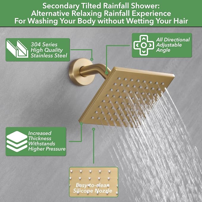 VANFOXLE Shower Faucet Set Brushed Gold Shower System, Push Button Diverter Shower Faucet with Trim Kit, Ceiling Mount 16 Inch Shower Head Increased Thick, 6 Inch Side Shower Head, 2-in-1 Handheld