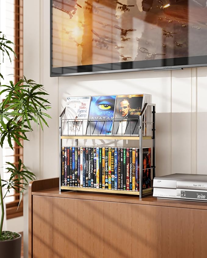 2-Tier DVD Storage Rack, DVD Shelf for Non-slip Feets, DVD Holder Display with 10lb Per Tier, Stores Up to 56 DVDs, Display Organizer Tower for Music Enthusiasts and Collection