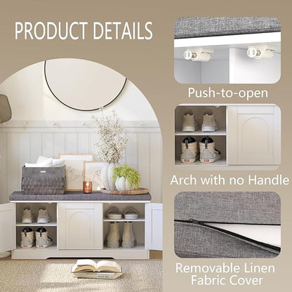 DINZI LVJ Shoe Bench, Entryway Storage Bench with Doors, Cushion, 2-Tier Shoe Rack with 6-Cubby, 39.4”L x 13.8”W Shoe Organizer Cabinet, Adjustable Shelf, Living Room, Bedroom, White