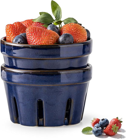Gomakren Ceramic Fruit Basket Set of 2, Round Fruit Bowl with Holes, Fruit Storage Containers for Fridge, Small Berry Basket for Kitchen, Berries, Strawberry, Grape, Cherry - Cobalt Blue