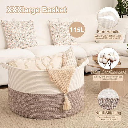 OIAHOMY 115L Extra Large Blanket Basket for Living Room, 23.6" x 15.4" Woven Cotton Rope Laundry Basket for Organizing Pillows, Decorative Stuffed Animal Toy Storage for Nursery, White and Linen Brown