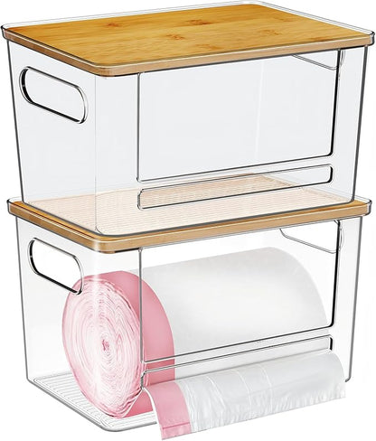 Trash Bag Dispenser 2 Pack - Under Sink Organizer, Plastic Bag Holder, Stackable Acrylic Garbage Bag Storage with Bamboo Lid for Kitchen Cabinet, 13/30/33 Gallon Grocery Bag Dispenser