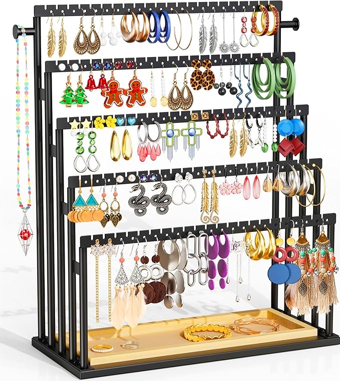 Earring Holder Organizer, 5-Tier Step Jewelry Display Stand with Metal Frame and Wooden Storage Organizer, Large Earring Holder for Studs, Hoops, Dangles, Modern Jewelry Organizer for Women