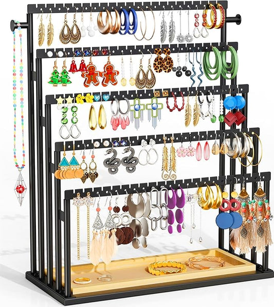Earring Holder Organizer, 5-Tier Step Jewelry Display Stand with Metal Frame and Wooden Storage Organizer, Large Earring Holder for Studs, Hoops, Dangles, Modern Jewelry Organizer for Women