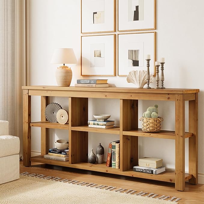 63-Inch Solid Wood Console Sofa Table, 3-Tier Narrow Farmhouse Entryway Table with 6 Storage Cubes for Living Room, Hallway, Brown