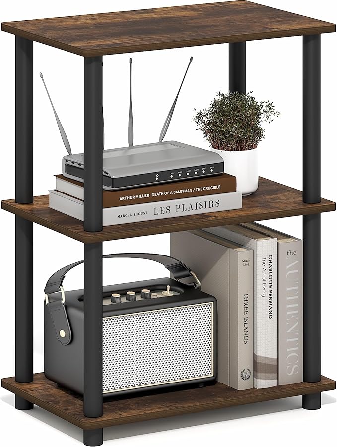 Furinno Turn-N-Tube Storage Shelves, 3-Tier Open Frame Book Shelf, Standing Corner Shelf, Toolless Open Shelves, for Organization and Storage, Living Room, Garage, Home Office, Amber Pine