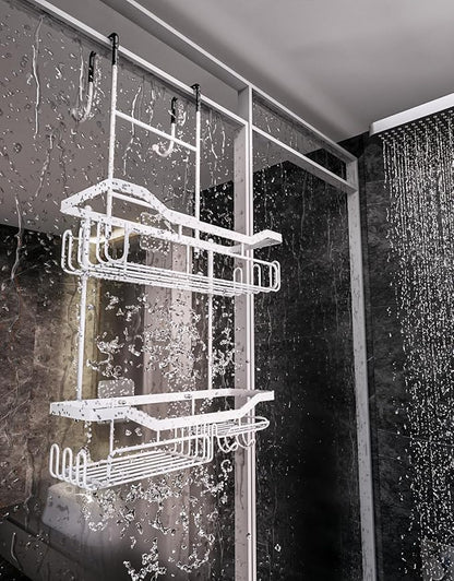 HapiRm Hanging Shower Caddy Over the Door with Soap Holder, No Drilling Adhesive Shower Organizer with 11 Hooks, Rustproof & Waterproof 304 Stainless Steel Bathroom Shelves - White